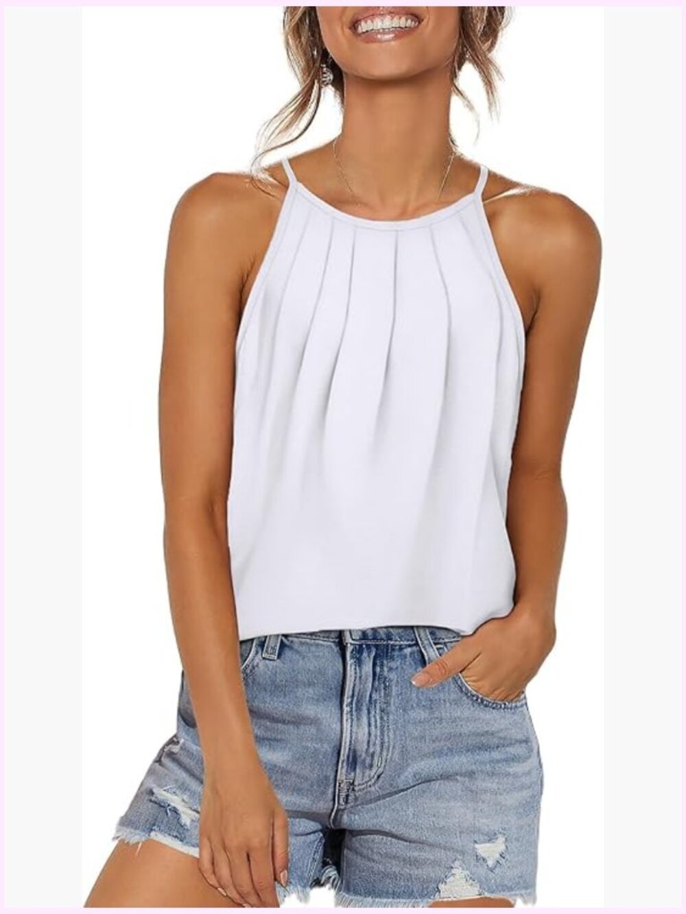 Pleated Tank Top Spaghetti Strap Camisole Halter Neck Curved Hem Loose Fit